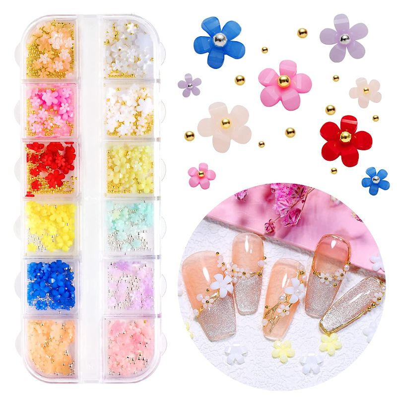 Photo 1 of 3D Flower Nail Art Charms Acrylic Nail Accessories Metal Caviar Beads Flatback Flowers Rhinestones Nail Charm 12 Girds Multiple Light Change Colors DIY Decorations Nail Art Supplies