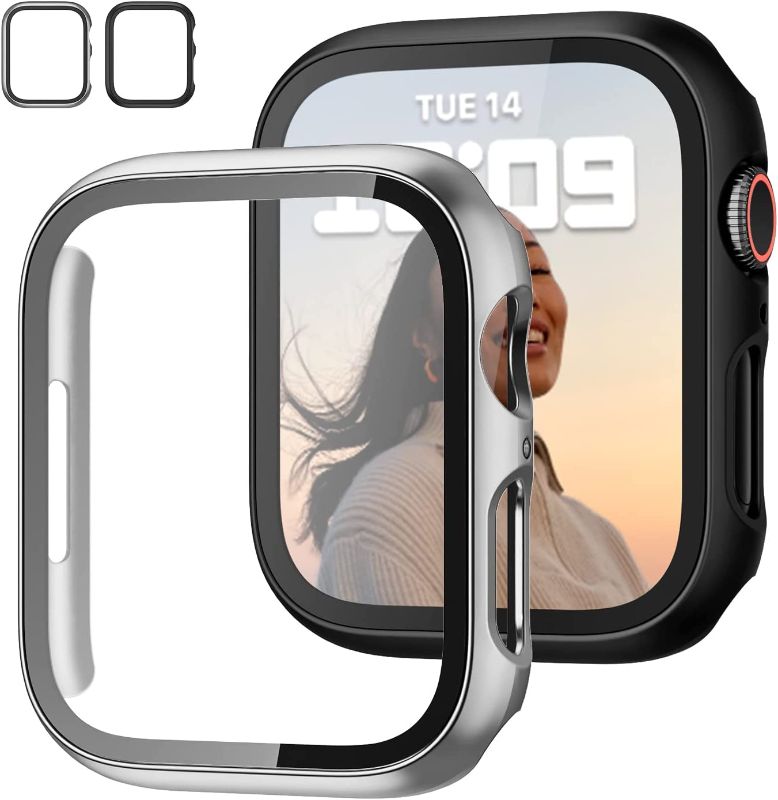 Photo 1 of 2 Pack Case with Tempered Glass Screen Protector for Apple Watch Series 8 Series 7 41mm,JZK Slim Guard Bumper Full Hard PC Protective Cover HD Thin Cover for iWatch 8/7 41mm Accessories,Black+Silver