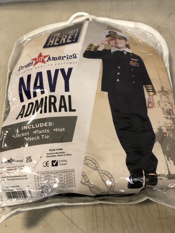 Photo 2 of Dress Up America Navy Admiral Costume for Kids - Ship Captain Uniform in Black for Boys SIZE Large (12-14)