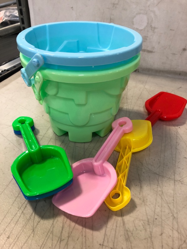 Photo 2 of Dshengoo 7 Pcs Kids Beach Toys Set,2 Pcs Sand Buckets with 5 Pcs Sand Shovels,Colorful Sand Pail Set for Kids,Boys and Girls Style A