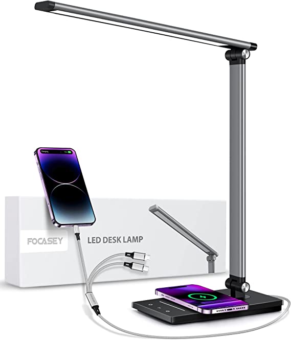 Photo 1 of LED Desk Lamp,FOCASEY Desk Lamp with Wireless Charger,USB Charging Port,Eye-Caring Desk Lamps for Home Office,Touch Control Table Lamp with 25 Lighting Modes,Desk Light for Study,Reading,Office,Black