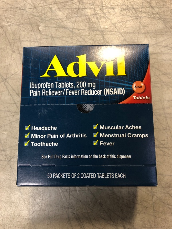 Photo 2 of Advil Pain Reliever and Fever Reducer, Pain Relief Medicine with Ibuprofen 200mg for Headache, Backache, Menstrual Pain and Joint Pain Relief - 50x2 Coated Tablets, 100 Count (Pack of 1) EXP 04/25