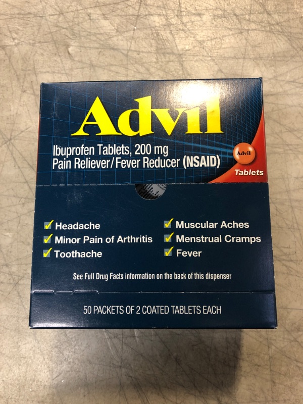Photo 1 of Advil Pain Reliever and Fever Reducer, Pain Relief Medicine with Ibuprofen 200mg for Headache, Backache, Menstrual Pain and Joint Pain Relief - 50x2 Coated Tablets, 100 Count (Pack of 1) EXP 04/25