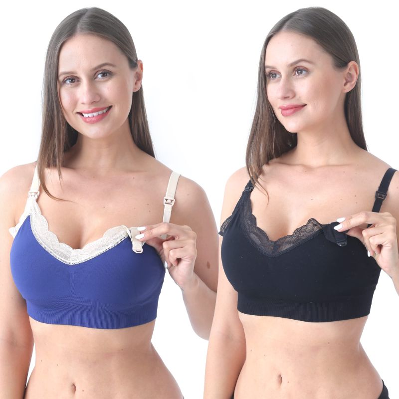 Photo 1 of SUNNYBUY Women's Nursing Bras Breastfeeding Maternity Bralette Pregnancy Wireless Seamless Postpartum Bra Lace-2pcs Blackblue Small