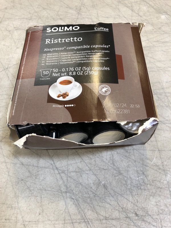 Photo 2 of Amazon Brand - Solimo Ristretto Capsules 50 CT, Compatible with Nespresso Original Brewers EXP 2/24/24
BOX IS RIPPED 