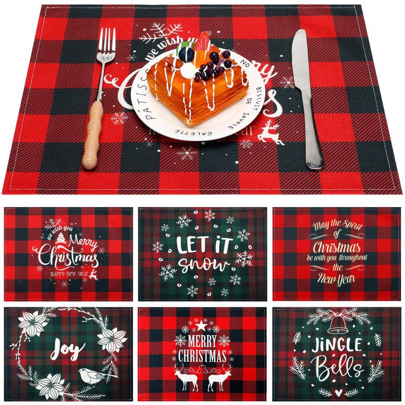 Photo 1 of 6 Pieces Merry Christmas Placemats Buffalo Plaid Placemats Washable Snowflake Table Mats Winter Holiday Table Mats for Winter Christmas Holiday Table Decorations