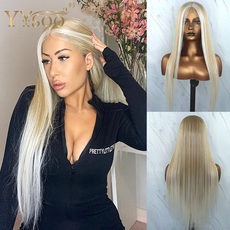 Photo 1 of YYsoo Long 13x4 Lace Front Wig Baylayage Color Silk Straight Synthetic Futura Wigs with Natural Hairline Japan Kanekalon Fiber Blonde Highlight Wigs for Black Women

