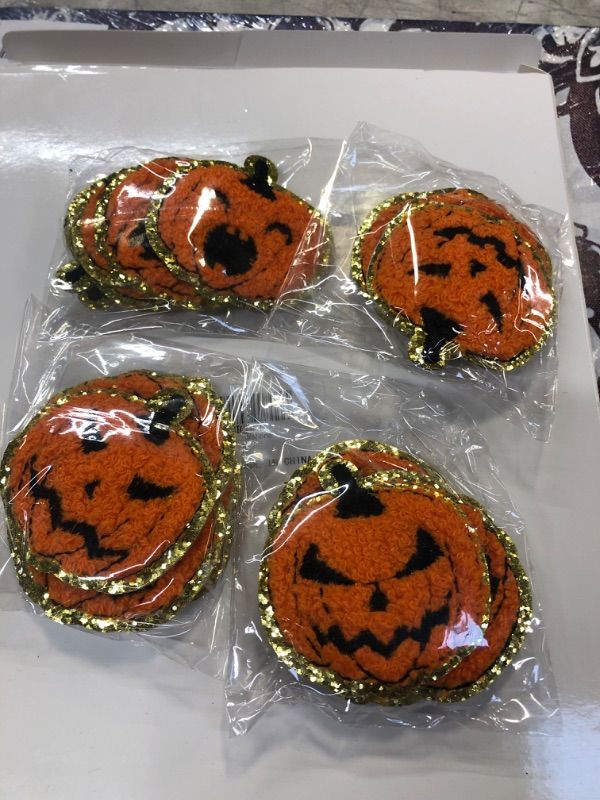 Photo 2 of 60 Pieces Halloween Iron on Patches Self Adhesive Pumpkin Chenille Sew on Stickers Applique for DIY Crafts T Shirt Clothing Jackets Backpacks Jeans Party Decorations Accessories