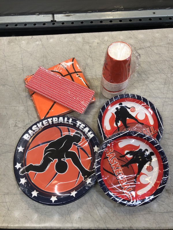 Photo 3 of Basketball Party Supplies,Slam Dunk,Basketball Party Decorations Include Dinner Plates,Dessert Plates,Cups,Napkins,Straws for Sports Themed Party(Serves16,133Pieces)