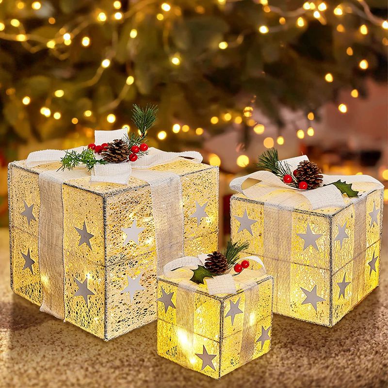 Photo 1 of 3 Pcs Christmas Lighted Gift Boxes 50 LED 10" 8" 6" Christmas Box Decorations Present Ornament Boxes with Ribbon Bows Christmas Tree Decorations for Indoor Outdoor Xmas Tree Yard Home Decor, White
