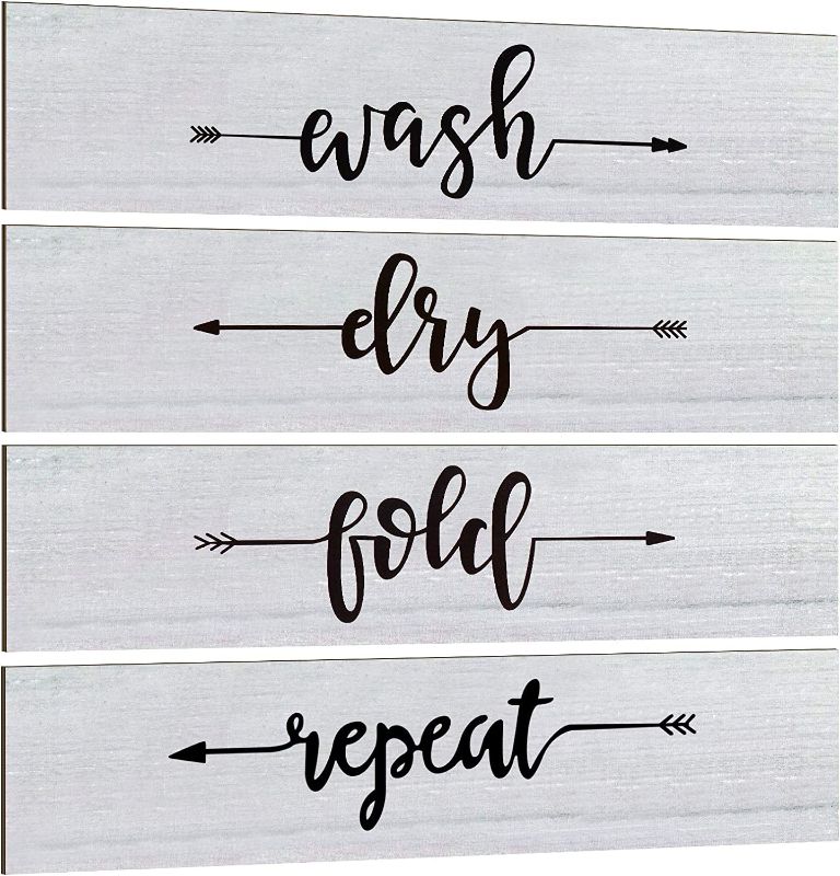 Photo 1 of 4 Pieces Laundry Room Decor Home Vintage Wooden Decoration Rustic Farmhouse Laundry Wash Dry and Fold Sign Classic Wood Wall Decoration Wall Art for Laundry Room Bathroom, 12 x 3 x 0.2 Inch (White)
