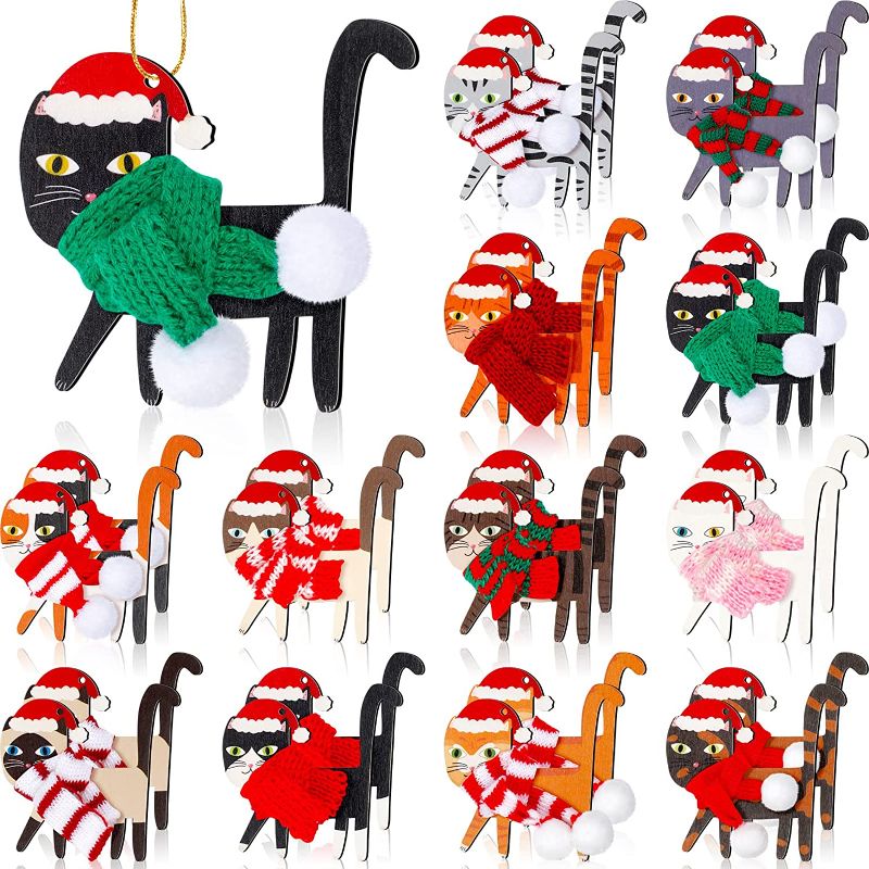 Photo 1 of 24 Pcs Cat Christmas Tree Ornament Wood Cat Christmas Ornament Cat Decorative Hanging Ornaments Wooden Kitten Ornaments with Santa Hat Scarf and Rope for Xmas Holiday Party Decorations (Vivid Style)
