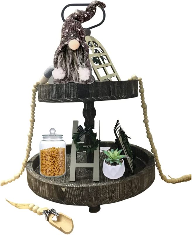 Photo 1 of 10 Pieces Farmhouse Tiered Tray Decor Set, Black and White Gnome Home Decor Mini Signs and Wood Bead Garland with String Lights for Rustic Kitchen Table...
