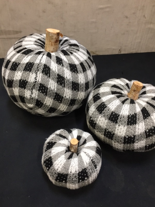 Photo 3 of 3 Pcs Assorted Crochet Pumpkins Plaid Pumpkins Gingham Buffalo Check Knit Pumpkins Fall Thanksgiving Halloween Seasonal Holiday Farmhouse Tabletop Decoration Black and White