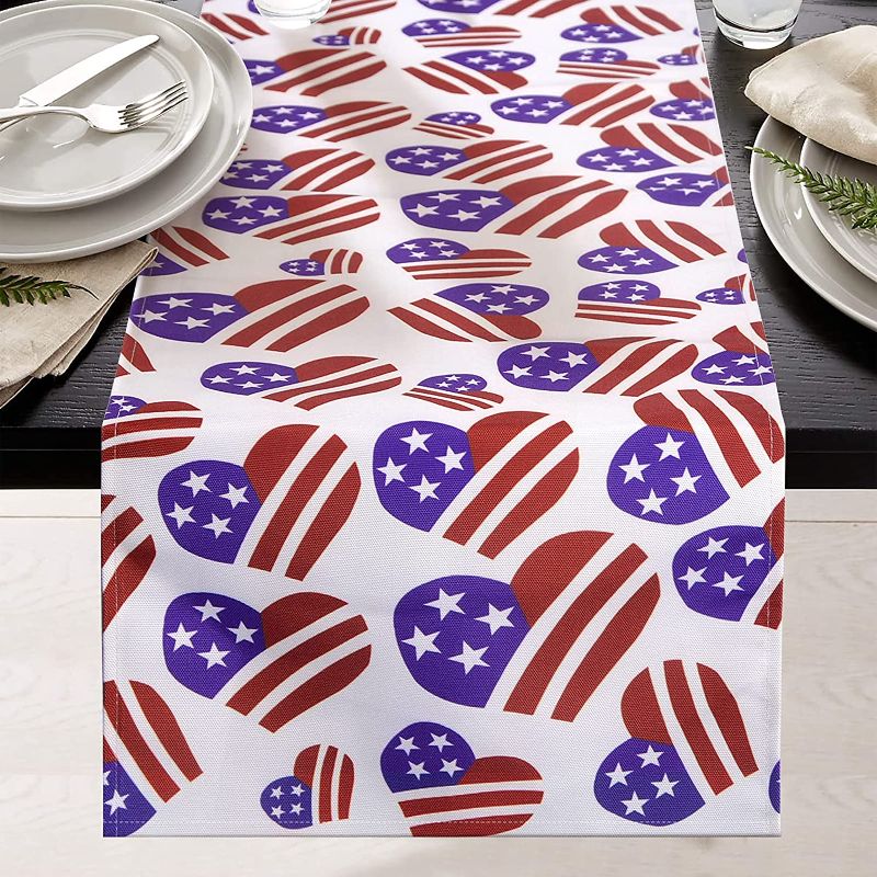 Photo 1 of  4th of July Table Runner American Flag Memorial Day Patriotic Tablecloth 72 Inch Long USA Flag Heart Table Decor