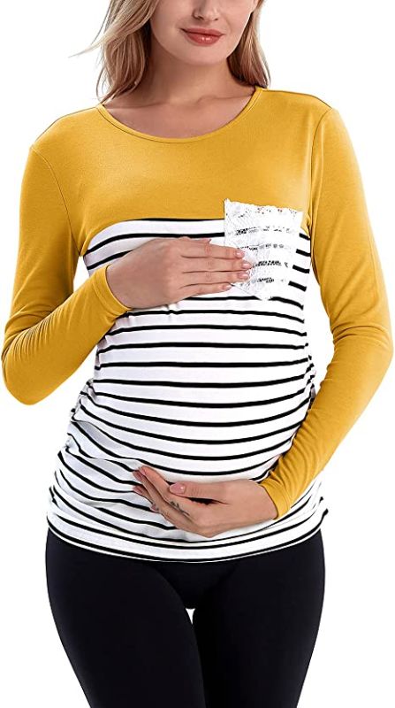 Photo 1 of DEBELLY Maternity Shirt Long & Short Sleeve Tunic Color Block Crew Neck Striped Pregnancy Casual Tops with Crochet Pocket SIZE MEDIUM
