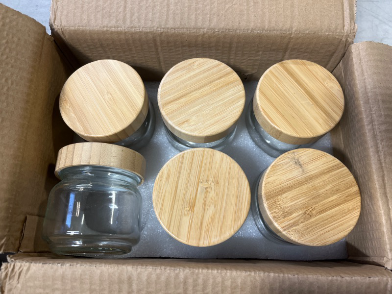 Photo 1 of 6PC SMALL WOODEN TOP GLASS JARS