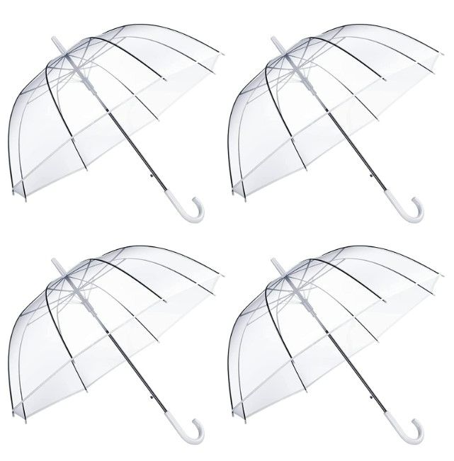 Photo 4 of Weewooday 14 Pieces Clear Wedding Umbrella Automatic Open Rounded Umbrella Windproof Bubble Umbrella J Handle Large Canopy Stick Umbrella for Bride Groom Photography Rain Ceremony