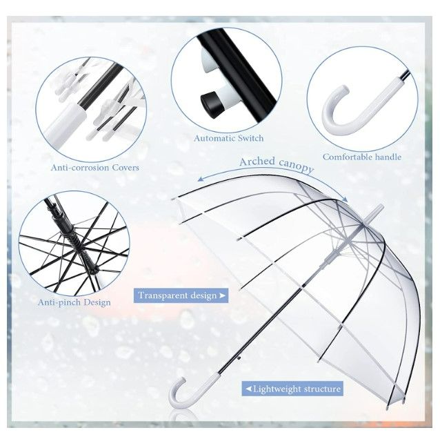 Photo 3 of Weewooday 14 Pieces Clear Wedding Umbrella Automatic Open Rounded Umbrella Windproof Bubble Umbrella J Handle Large Canopy Stick Umbrella for Bride Groom Photography Rain Ceremony