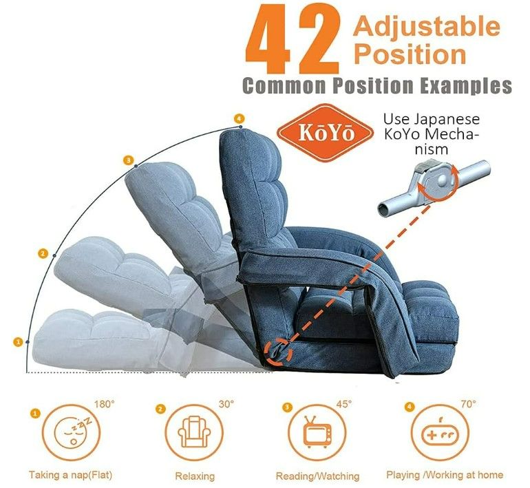Photo 1 of FLOGUOR 42-Position Adjustable Floor Chair, Chaise Lounge Indoor, Folding Lazy Sofa with Armrests and a Pillow Padded Adults Gaming Chairs for Living Room, Bedroom Factory Price (Orange)