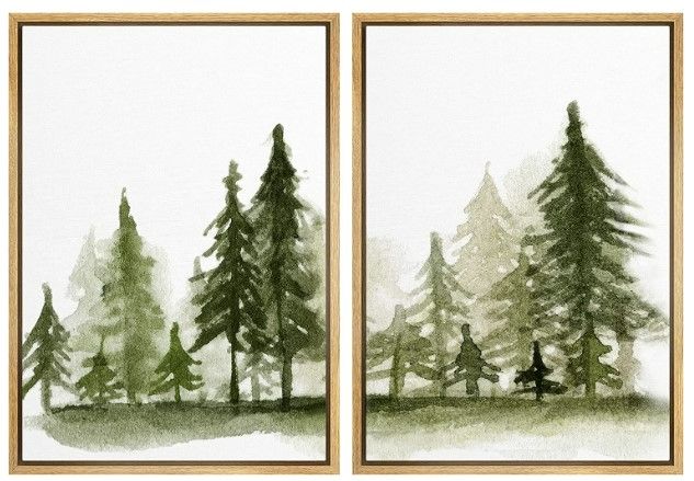 Photo 1 of SIGNWIN Framed Wall Art Print Set Watercolor Dark Green Forest Pine Trees Nature Wilderness Illustrations Modern Art Rustic Relax/Calm Multicolor for Living Room, Bedroom, Office - 16"x24"x2 Natural