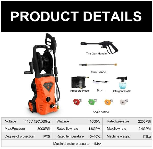 Photo 2 of WHOLESUN WS 3000 Electric Pressure Washer 2.4GPM Power Washer 1600W High-Pressure Cleaner Machine with 4 Nozzles Foam Cannon for Cars, Homes, Driveways, Patios (Orange)