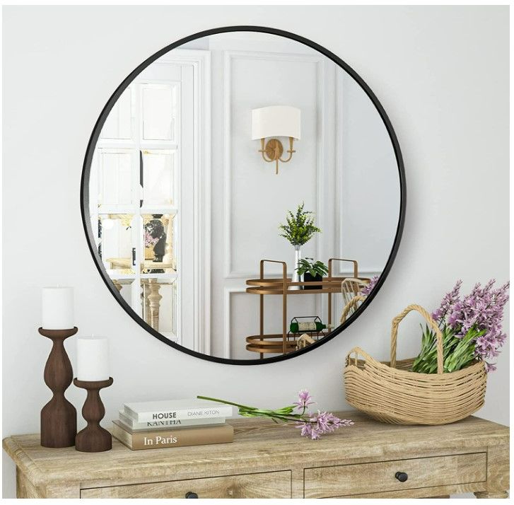 Photo 1 of HARRITPURE Round Mirror 15.7" Black Wall Mounted Circle Mirror with Aluminum Alloy Frame Modern Design for Bathroom, Living Room, Vanity, Bedroom, Entryway
