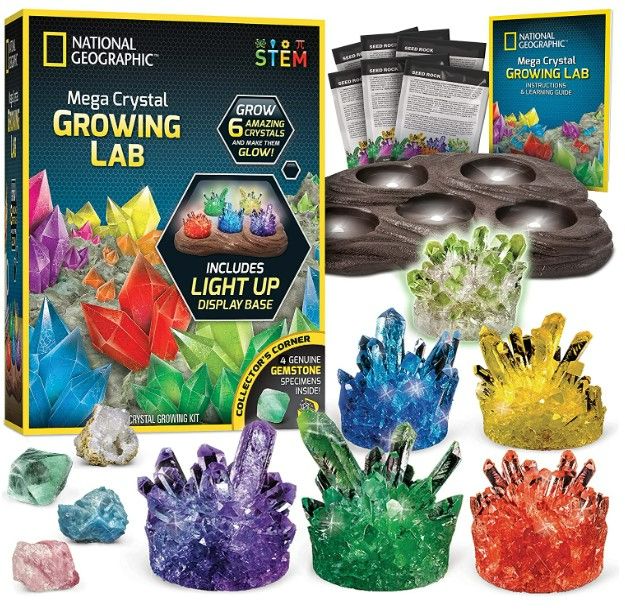 Photo 1 of NATIONAL GEOGRAPHIC Mega Crystal Growing Lab – Grow 6 Vibrant Crystals Fast (3-4 Days), with Light-Up Display Stand, Learning Guide, & 4 Genuine Crystal Specimens, an Amazon Exclusive Science Kit