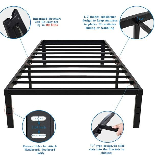 Photo 2 of Homdock 14 Inch Metal Platform Bed Frame/Sturdy Strong Steel Structure 3500 lbs Heavy Duty/Noise Free/None Slip Mattress Foundation/No Box Spring Needed/Black Finish, Twin XL