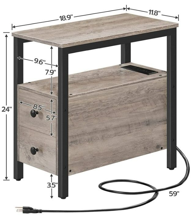 Photo 3 of HOOBRO End Table with Charging Station, Narrow Side Table with 2 Drawers & USB Ports & Power Outlets, Nightstand for Small Spaces, Living Room, Bedroom, Stable and Sturdy, Greige and Black BG541BZ01