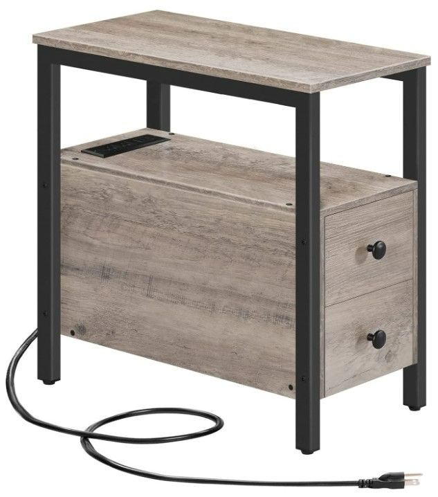 Photo 1 of HOOBRO End Table with Charging Station, Narrow Side Table with 2 Drawers & USB Ports & Power Outlets, Nightstand for Small Spaces, Living Room, Bedroom, Stable and Sturdy, Greige and Black BG541BZ01