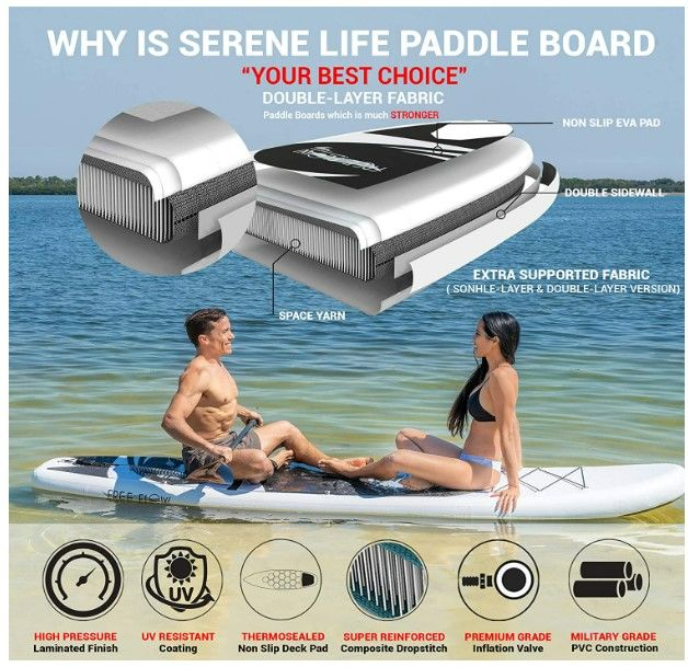Photo 2 of SereneLife Inflatable Stand Up Paddle Board (6 Inches Thick) with Premium SUP Accessories & Carry Bag | Wide Stance, Bottom Fin for Paddling, Surf Control, Non-Slip Deck | Youth & Adult Standing Boat