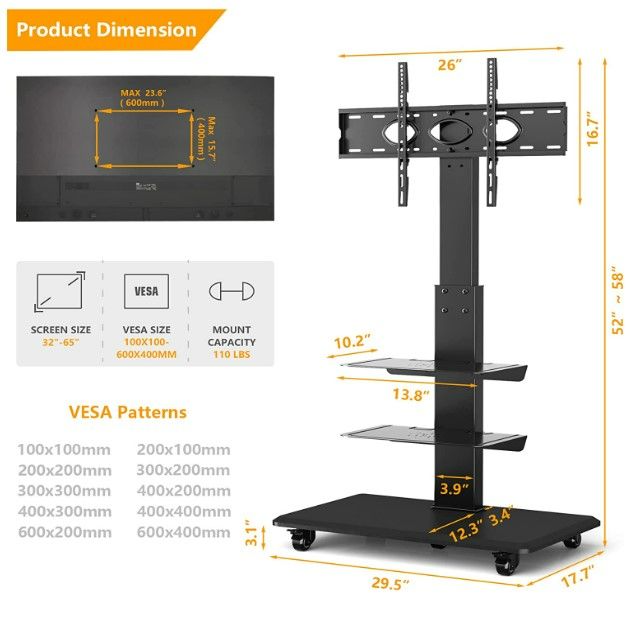 Photo 2 of 5Rcom Mobile TV Cart Portable TV Floor Stand Rolling with Wheels and Swivel Mount for 32 37 40 42 47 50 55 60 65 inch LED LCD Flat or Curved Screens TVs up to 110lbs Media Shelf Storage, Black