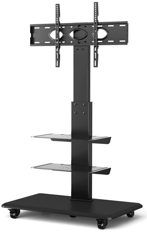 Photo 1 of 5Rcom Mobile TV Cart Portable TV Floor Stand Rolling with Wheels and Swivel Mount for 32 37 40 42 47 50 55 60 65 inch LED LCD Flat or Curved Screens TVs up to 110lbs Media Shelf Storage, Black
