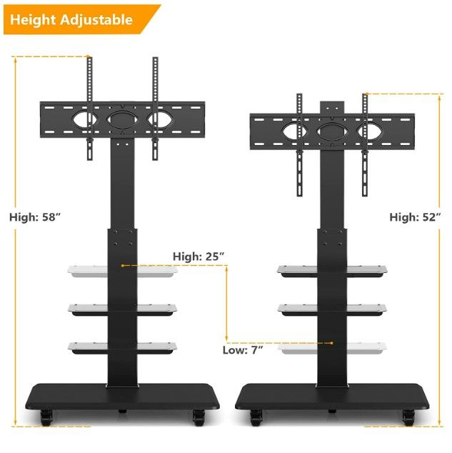 Photo 1 of 5Rcom Mobile TV Cart Portable TV Floor Stand Rolling with Wheels and Swivel Mount for 32 37 40 42 47 50 55 60 65 inch LED LCD Flat or Curved Screens TVs up to 110lbs Media Shelf Storage, Black