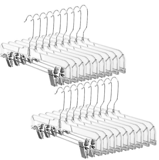 Photo 1 of HOUSE DAY 25 Pack Clear Pants Hangers Space Saving, Non-Slip Skirt Hangers with Adjustable Clips, Heavy Duty Slim Plastic Hangers 14" 360-Rotating Swivel Hook, Clip Hangers for Pants, Trousers, Skirts