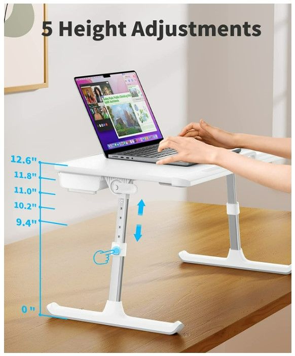 Photo 3 of SAIJI Laptop Bed Tray Table, Adjustable PVC Leather Laptop Bed Table, Portable Standing Desk with Storage Drawer, Foldable Lap Tablet Table for Sofa Couch Floor (Large,White)