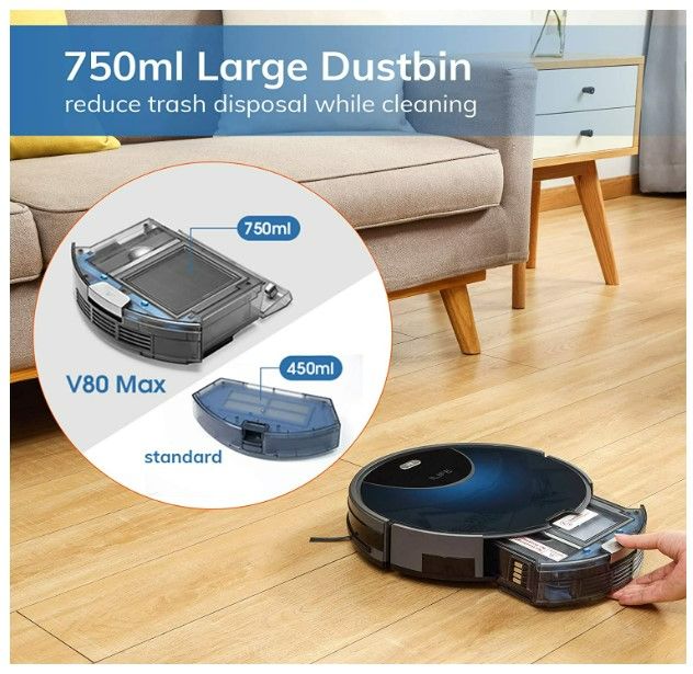 Photo 2 of ILIFE V80 Max Robot Vacuum Cleaner, Wi-Fi Connected, 2000Pa Max Suction, Works with Alexa, 750ml Dustbin, Tangle-Free Suction Port, Self-Charging, Ideal for Hard Floor, Pet Hair and Low Pile Carpet