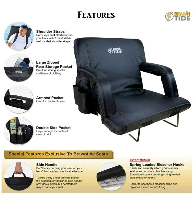 Photo 2 of BRAWNTIDE Stadium Seat with Back Support - Comfy Cushion, Thick Padding, 2 Steel Bleacher Hooks, 4 Pockets, Reclining Back, Arm Rests, Ideal Stadium Chair for Sport Events, Beaches, Camping, Concerts