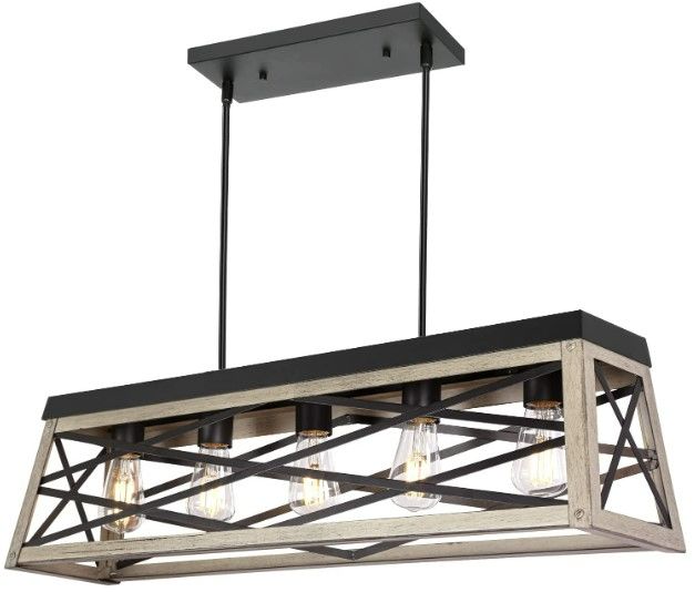 Photo 1 of 5-Light Kitchen Island Pendant Lighting, Farmhouse Dining Room Light Fixtures, 31 inch Linear Chandelier with Black & Wood Painting