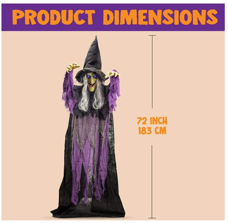 Photo 2 of JOYIN 72” Hanging Animated Talking Witch Decoration with Light-up Eyes and Sound Activation Function for Halloween Haunted House Prop Décor, Halloween Hanging Decorations, Outdoor/Indoor, Lawn Decor