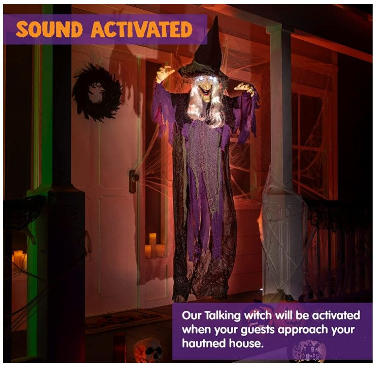 Photo 3 of JOYIN 72” Hanging Animated Talking Witch Decoration with Light-up Eyes and Sound Activation Function for Halloween Haunted House Prop Décor, Halloween Hanging Decorations, Outdoor/Indoor, Lawn Decor