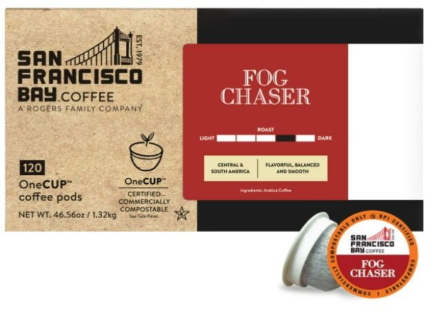 Photo 1 of San Francisco Bay Coffee OneCUP Fog Chaser 120 Ct Medium Dark Roast Compostable Coffee Pods, K Cup Compatible including Keurig 2.0