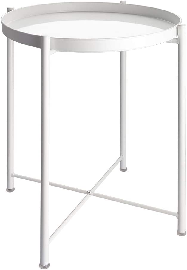 Photo 1 of EKNITEY End Table,Folding Metal Side Table Waterproof Small Coffee Table Sofa Side Table with Removable Tray for Living Room Bedroom Balcony and Office (White)
