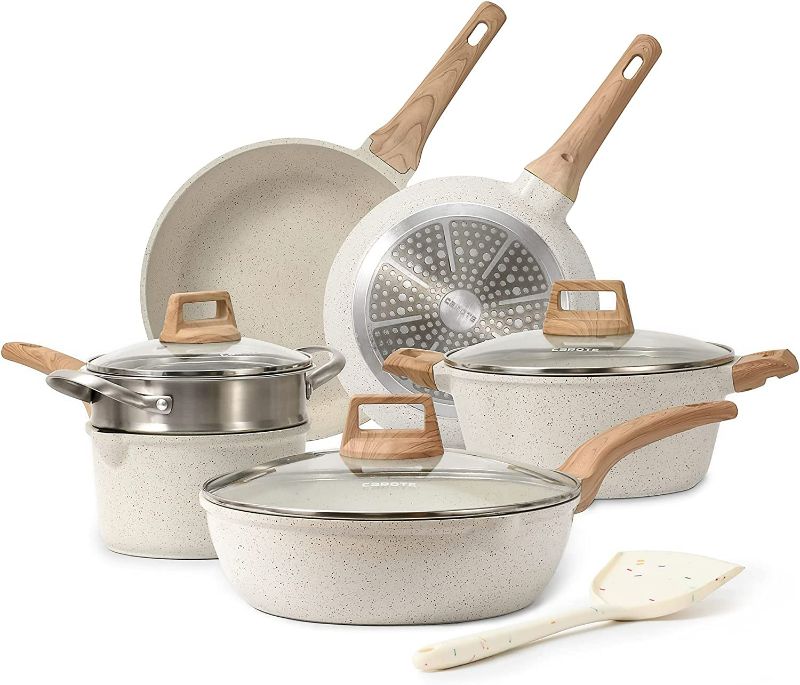 Photo 1 of CAROTE Pots and Pans Set Nonstick, White Granite Induction Kitchen Cookware Sets, 10 Pcs Non Stick Cooking Set w/ Frying Pans & Saucepans(PFOS , PFOA Free)
