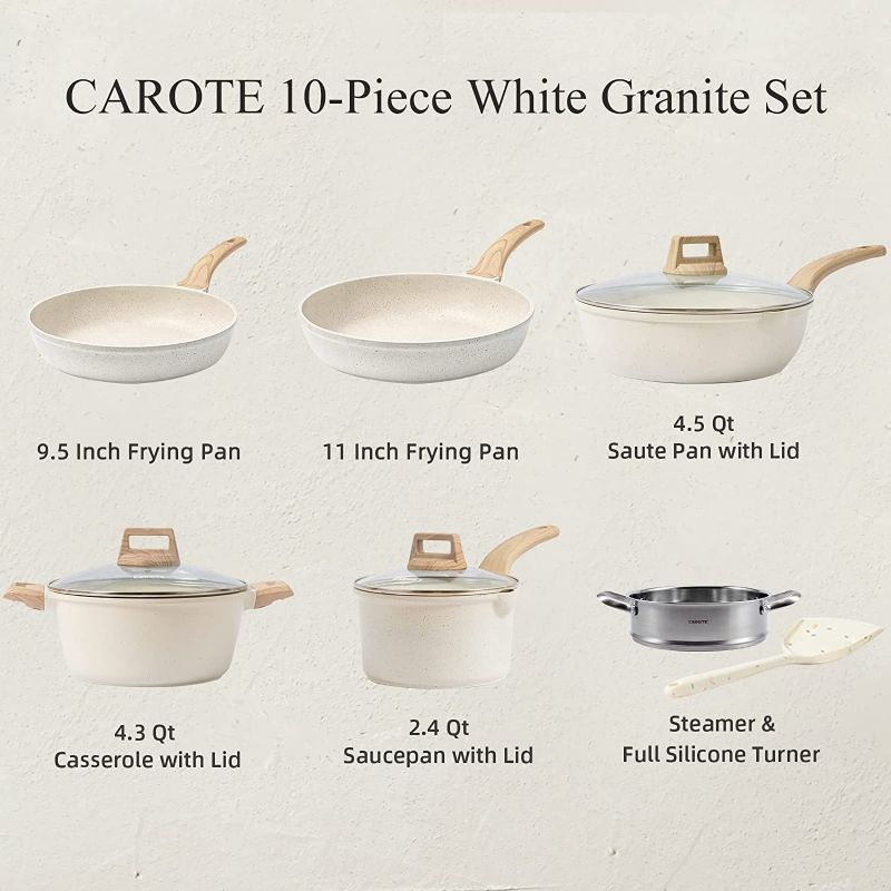 Photo 3 of CAROTE Pots and Pans Set Nonstick, White Granite Induction Kitchen Cookware Sets, 10 Pcs Non Stick Cooking Set w/ Frying Pans & Saucepans(PFOS , PFOA Free)
