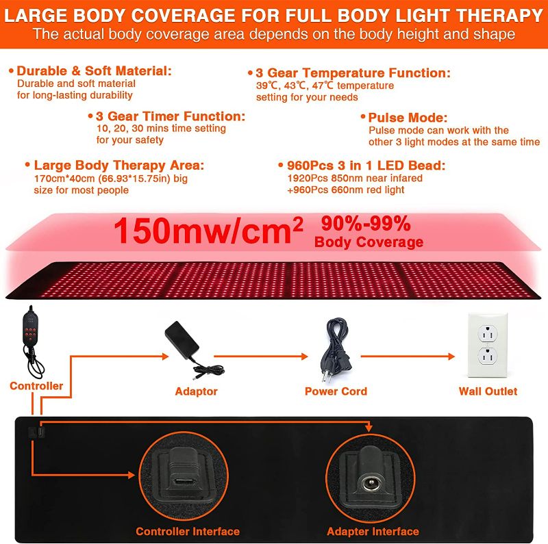 Photo 4 of CAMECO Near Infrared & Red Light Therapy Pad for Full Body, 1920pcs 850nm & 960pcs 660nm LED Light Therapy Device Mat for Back Shoulder Joint Pain Relief & Skin Care, Pulse Mode for Deep Penetration

