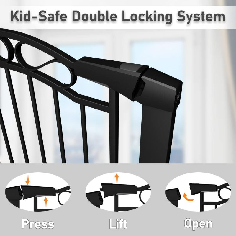 Photo 2 of Extra Wide Baby Gate with Door Black-Large Walk Through Baby Gates for Stairs Pressure Mounted no Drill-Indoor Long Tension Metal Child Pet Safety Gate 76.38"-79.13" Wide
