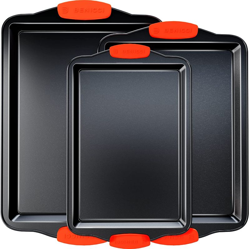 Photo 1 of Premium Non-Stick Baking Sheets Set of 3 - Deluxe BPA Free, Easy to Clean Racks w/ Silicone Handles - Bakeware Pans for Cooking Baking Roasting - Lets You Bake The Perfect Cookie or Pastry Every Time
