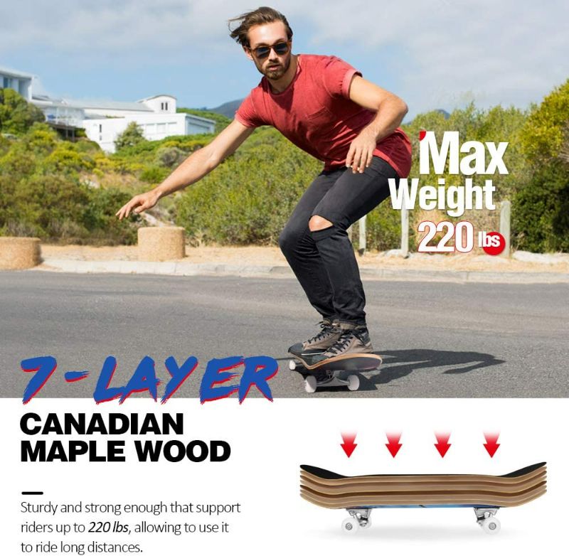 Photo 2 of BELEEV Skateboards for Beginners, 31 Inch Complete Skateboard for Kids Teens Adults, 7 Layer Canadian Maple Double Kick Deck Concave Cruiser Trick Skateboard with All-in-One Skate T-Tool
